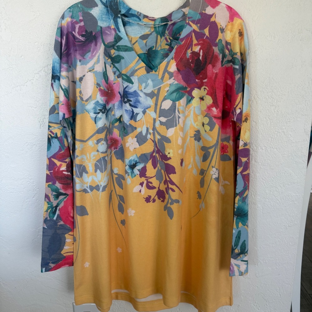 Soft Surroundings Yellow‎ Floral V-Neck Long Sleeve Tunic Top XL 2BE51
